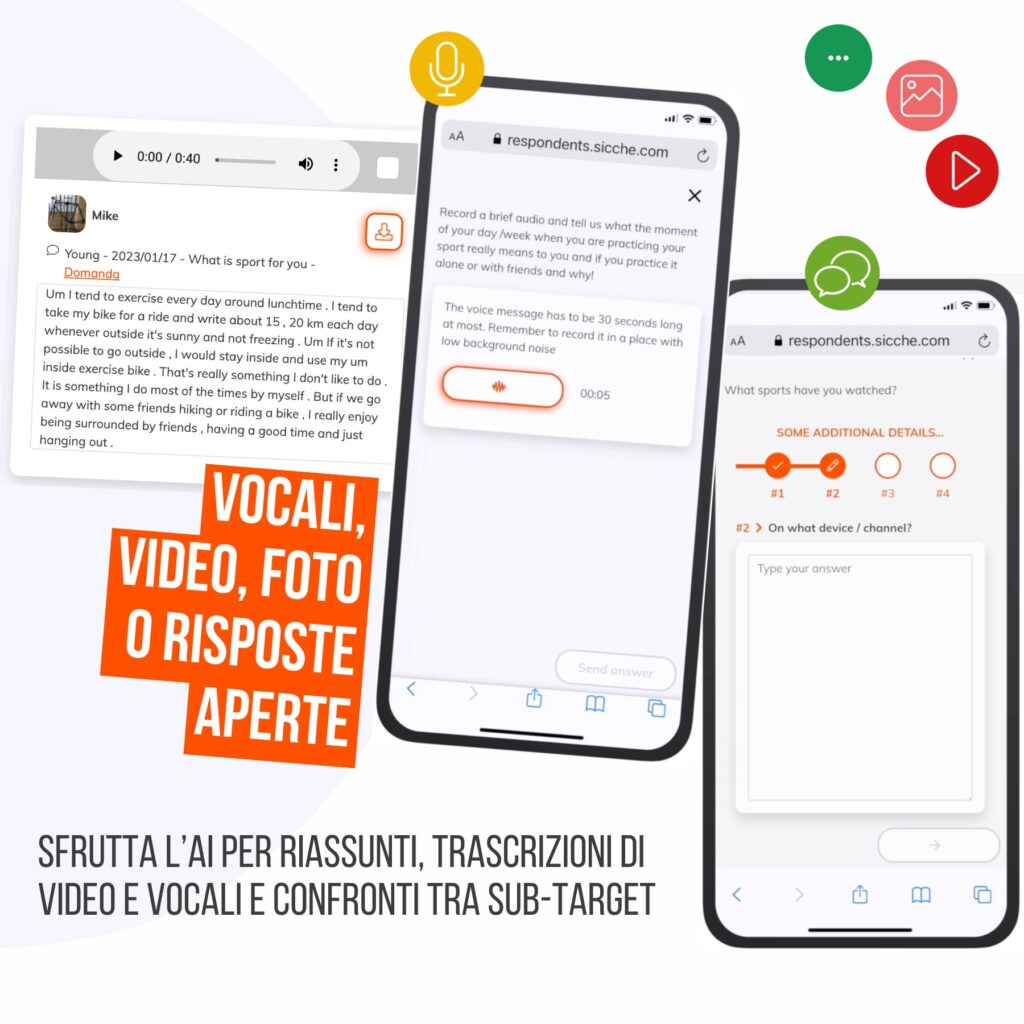 domande aperte e sotto-domande, vocali, video, foto